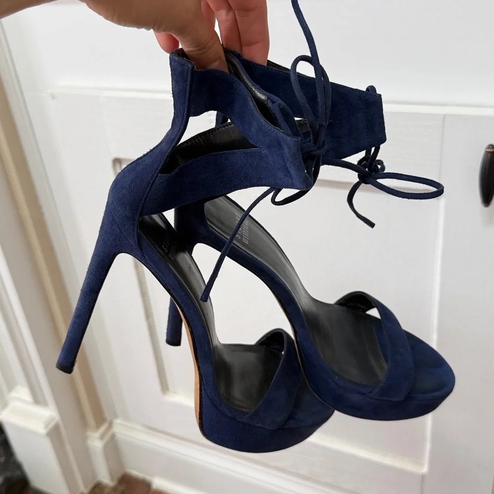 Stuart Weitzman Blue Suede Platform Heels 7.5 Made in Spain Lace-Up Stiletto